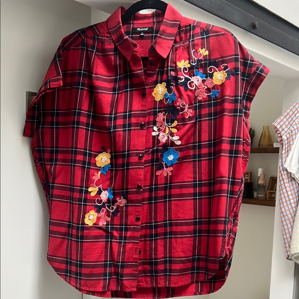 Madewell Red Plaid Button-Up Shirt with Floral Embroidery